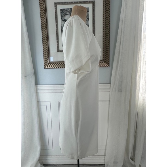 GUESS White V-Neck Ruched Bust Puff Sleeve Midi Dress Size 14 - Picture 2 of 5